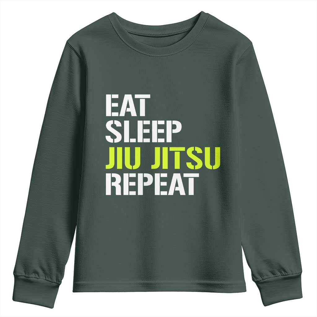 Eat Sleep Jiu Jitsu Repeat Youth Sweatshirt Cool JiuJitsu BJJ TS10 Dark Forest Green Print Your Wear