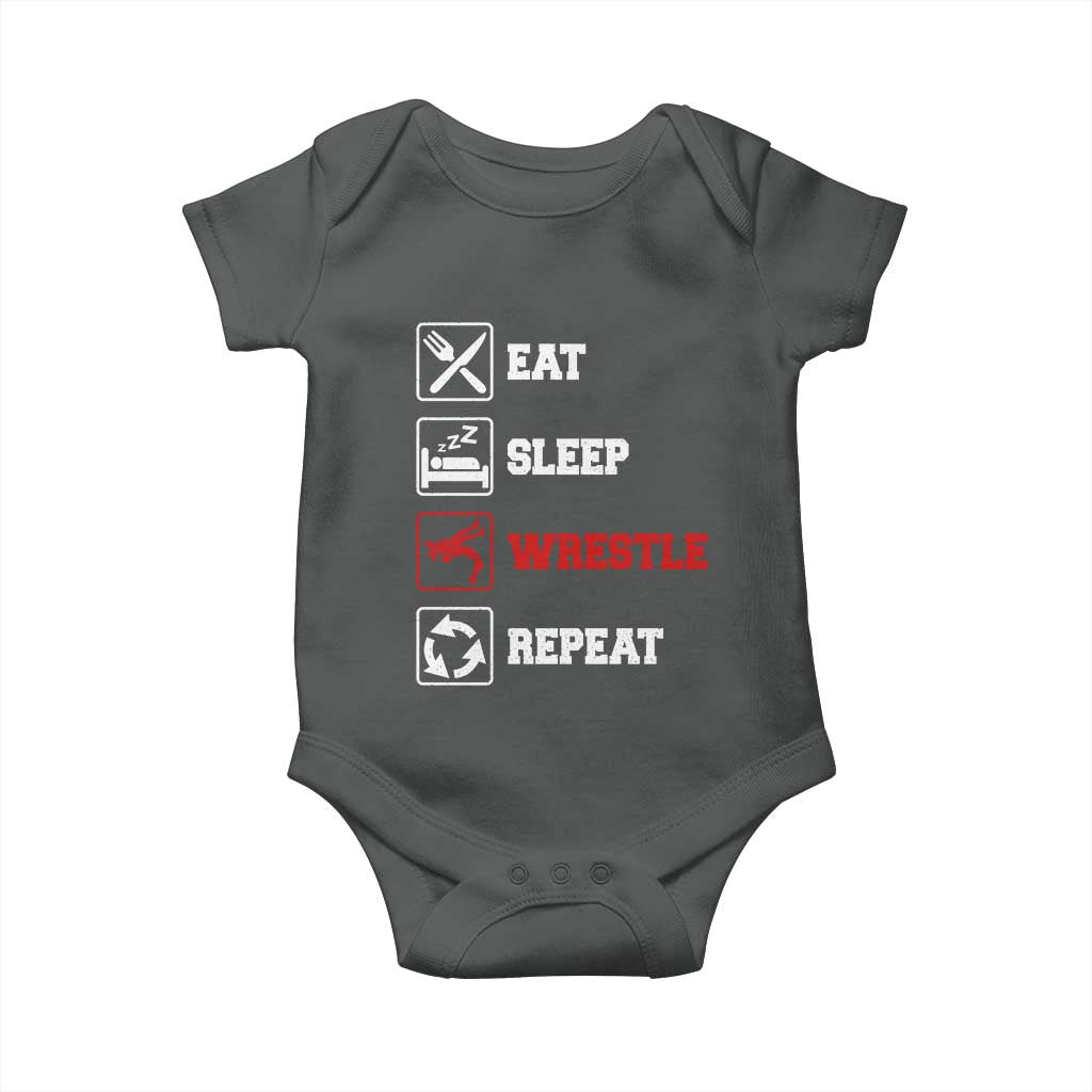 Eat Sleep Wrestle Repeat Baby Onesie Funny Wrestling Gym TS10 Dark Heather Print Your Wear