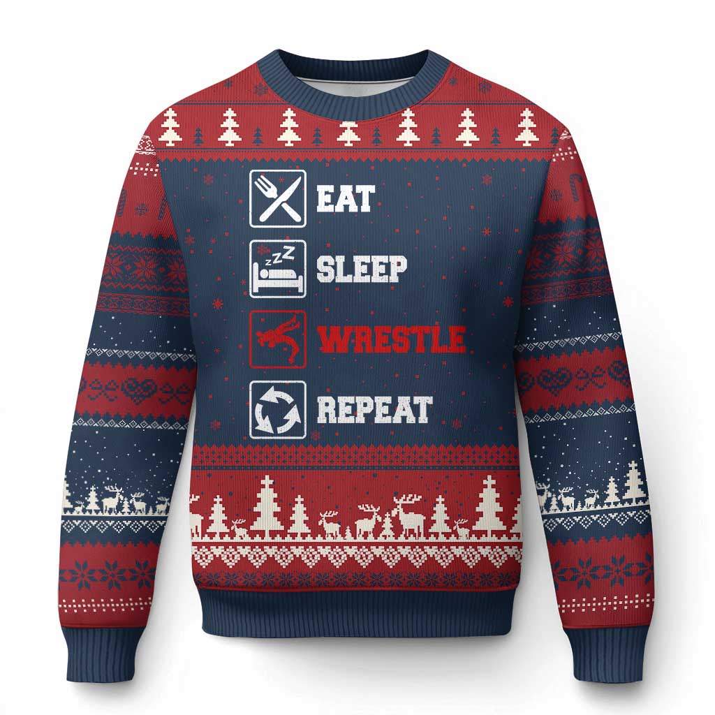 Eat Sleep Wrestle Repeat Ugly Christmas Sweater Funny Wrestling Gym TS10 Navy Red Print Your Wear