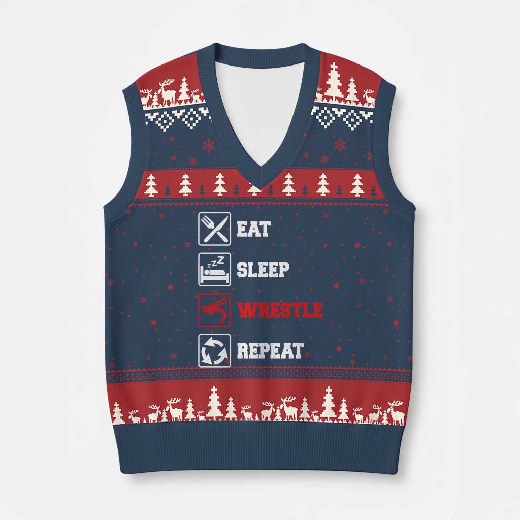 Eat Sleep Wrestle Repeat V-Neck Knit Sweater Vest Funny Wrestling Gym TS10 Navy Red Print Your Wear