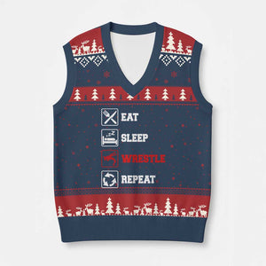 Eat Sleep Wrestle Repeat V-Neck Knit Sweater Vest Funny Wrestling Gym TS10 Navy Red Print Your Wear