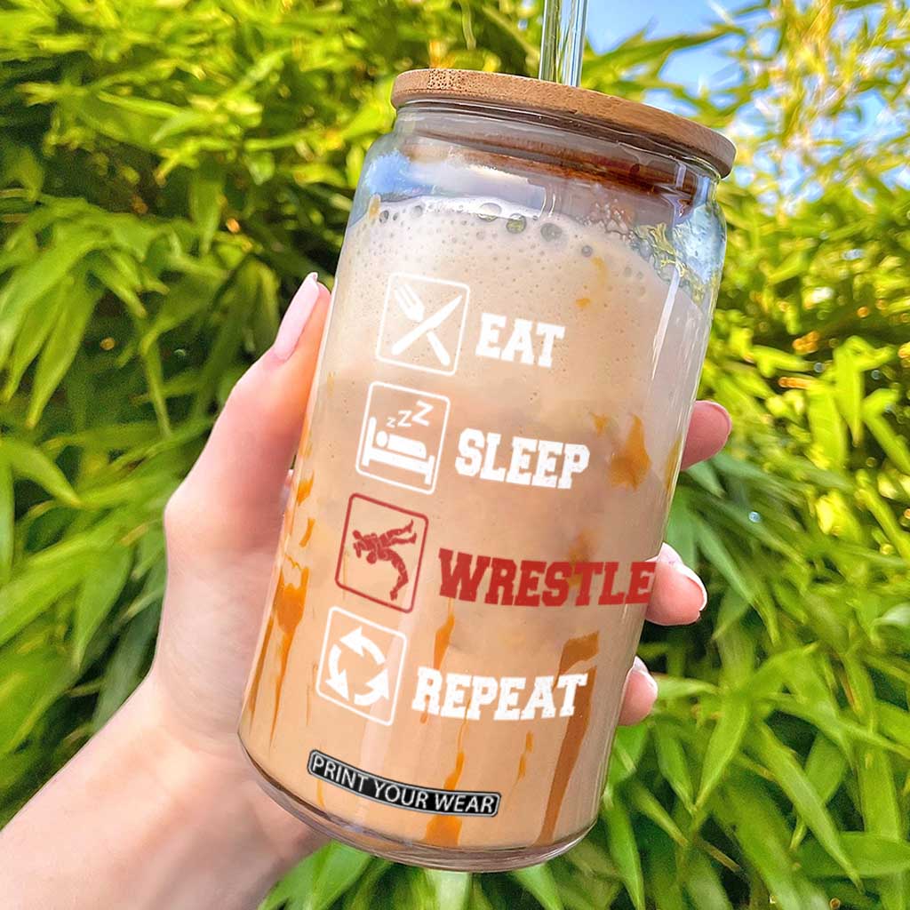 Eat Sleep Wrestle Repeat Glass Can Funny Wrestling Gym TS10 Black Print Your Wear