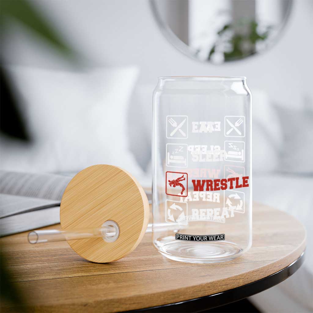Eat Sleep Wrestle Repeat Glass Can Funny Wrestling Gym TS10 Print Your Wear