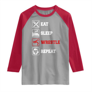 Eat Sleep Wrestle Repeat Raglan Shirt Funny Wrestling Gym TS10 Sport Gray Red Print Your Wear