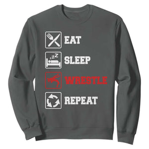 Eat Sleep Wrestle Repeat Sweatshirt Funny Wrestling Gym TS10 Dark Heather Print Your Wear