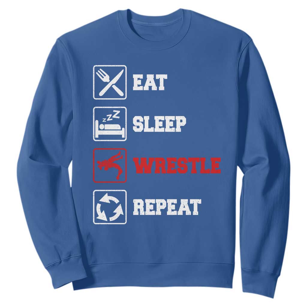 Eat Sleep Wrestle Repeat Sweatshirt Funny Wrestling Gym TS10 Royal Blue Print Your Wear