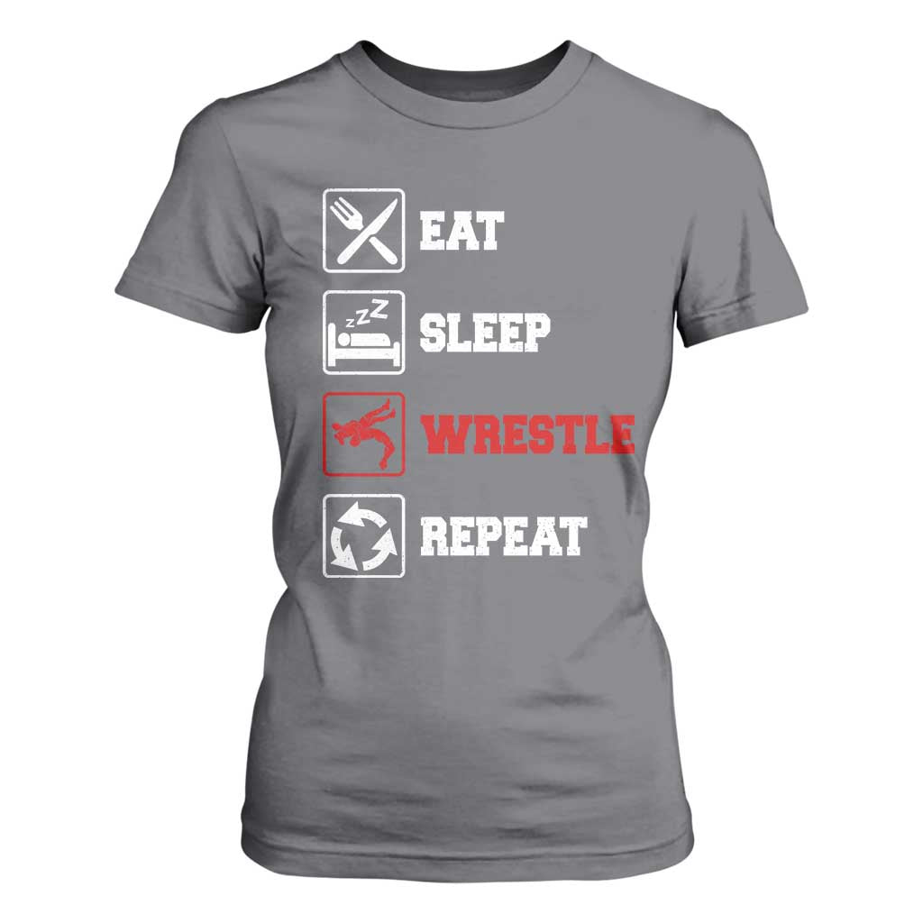 Eat Sleep Wrestle Repeat T Shirt For Women Funny Wrestling Gym TS10 Charcoal Print Your Wear