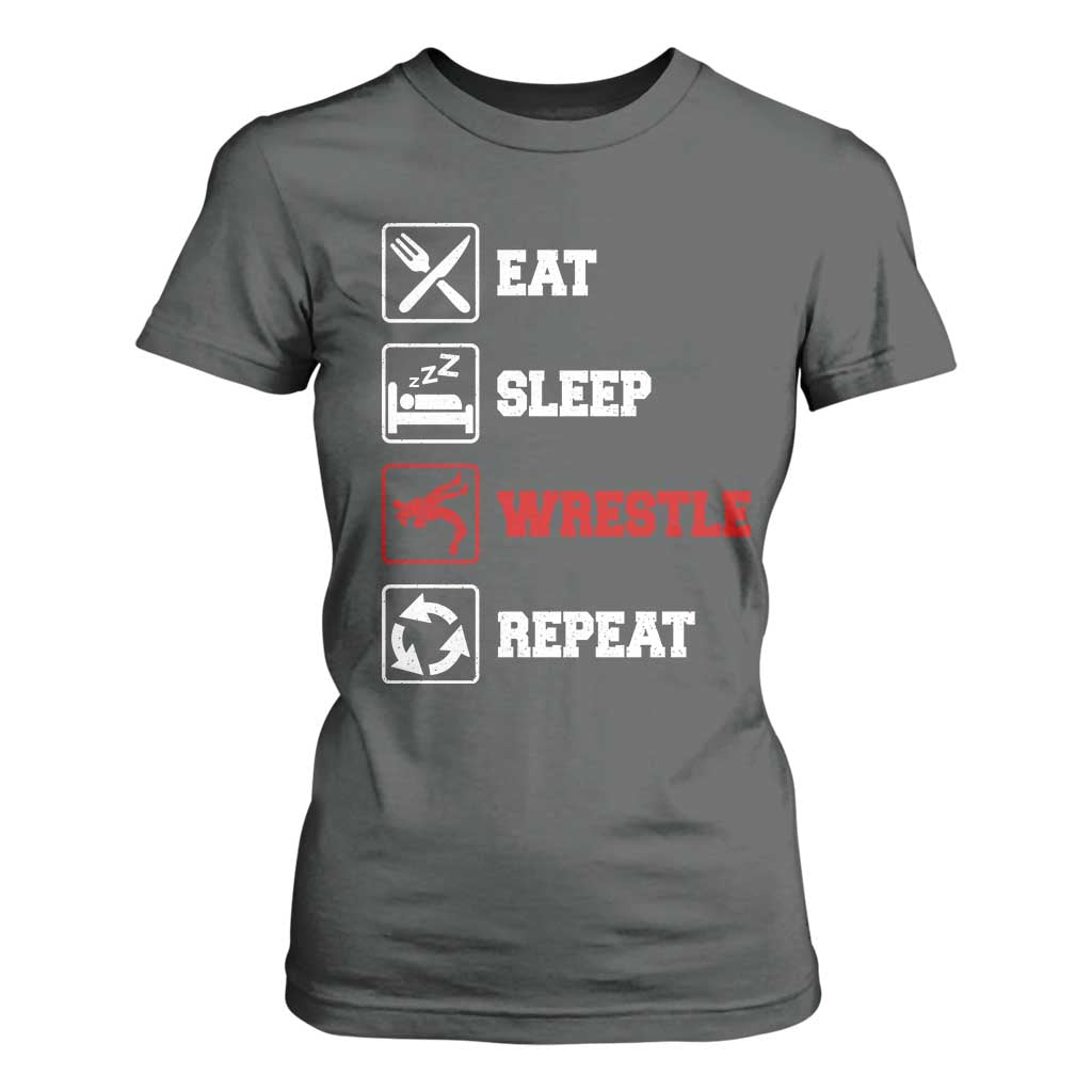 Eat Sleep Wrestle Repeat T Shirt For Women Funny Wrestling Gym TS10 Dark Heather Print Your Wear