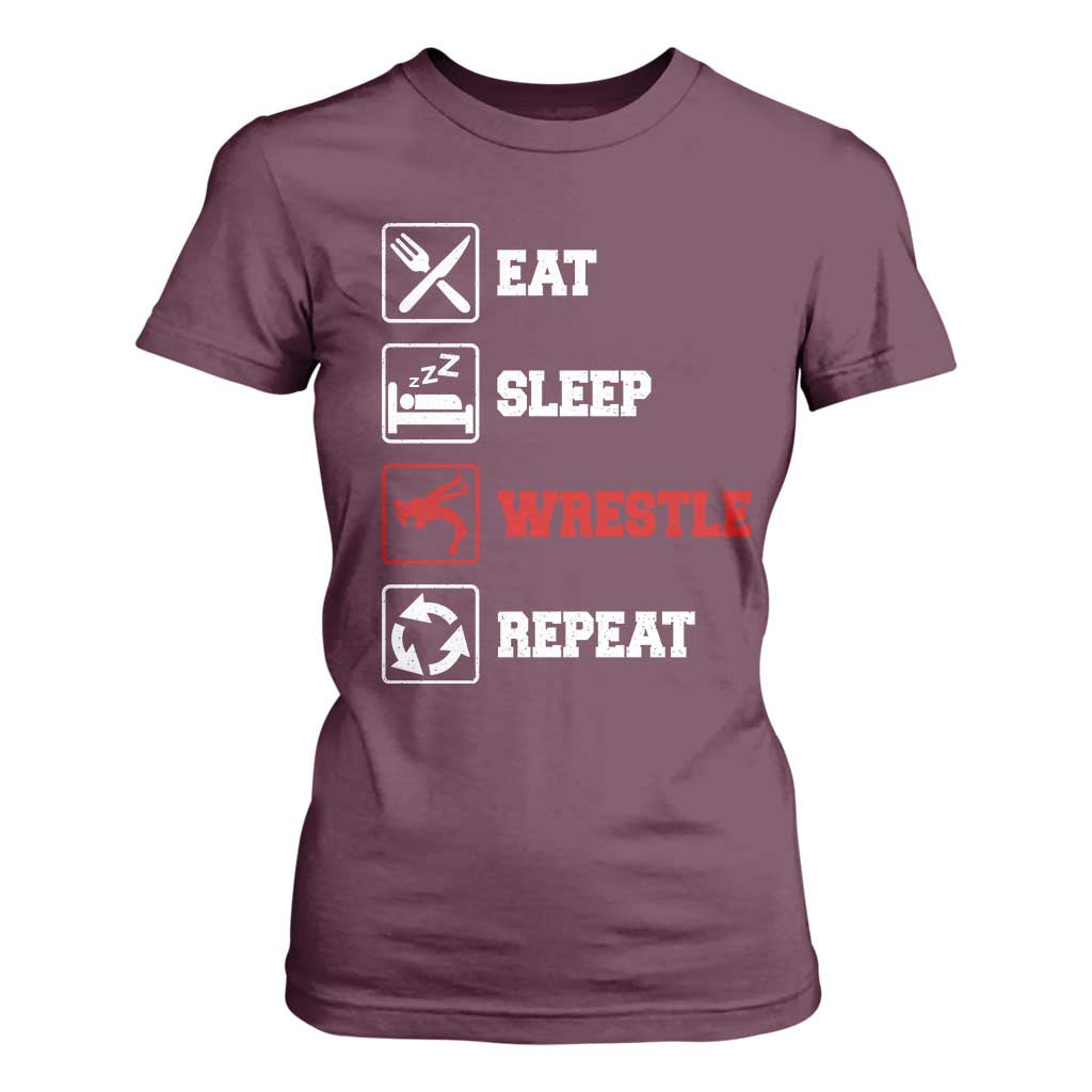 Eat Sleep Wrestle Repeat T Shirt For Women Funny Wrestling Gym TS10 Maroon Print Your Wear
