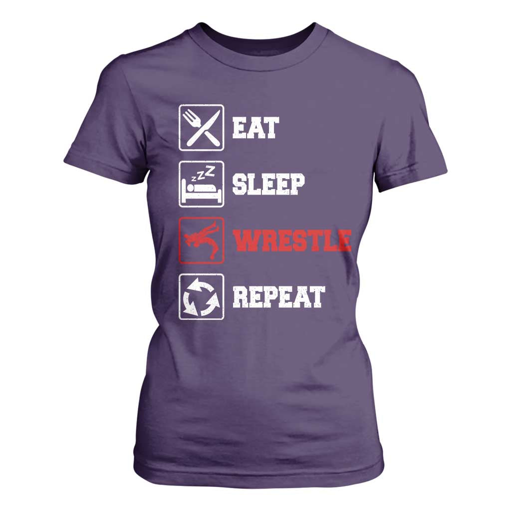 Eat Sleep Wrestle Repeat T Shirt For Women Funny Wrestling Gym TS10 Purple Print Your Wear