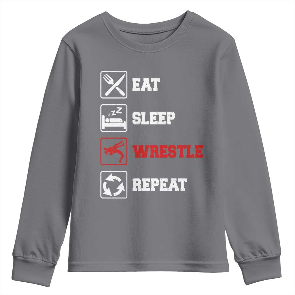 Eat Sleep Wrestle Repeat Youth Sweatshirt Funny Wrestling Gym TS10 Charcoal Print Your Wear