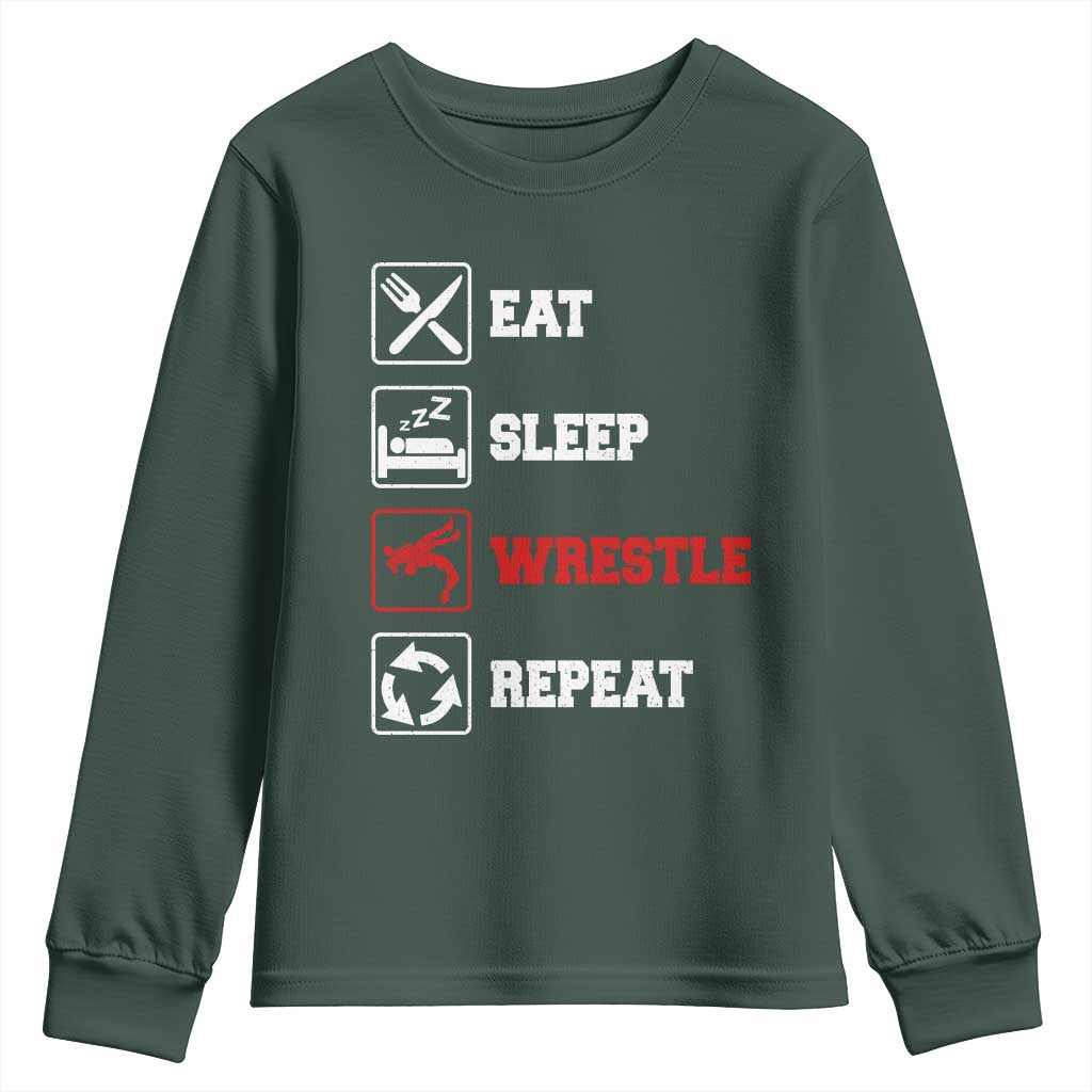 Eat Sleep Wrestle Repeat Youth Sweatshirt Funny Wrestling Gym TS10 Dark Forest Green Print Your Wear
