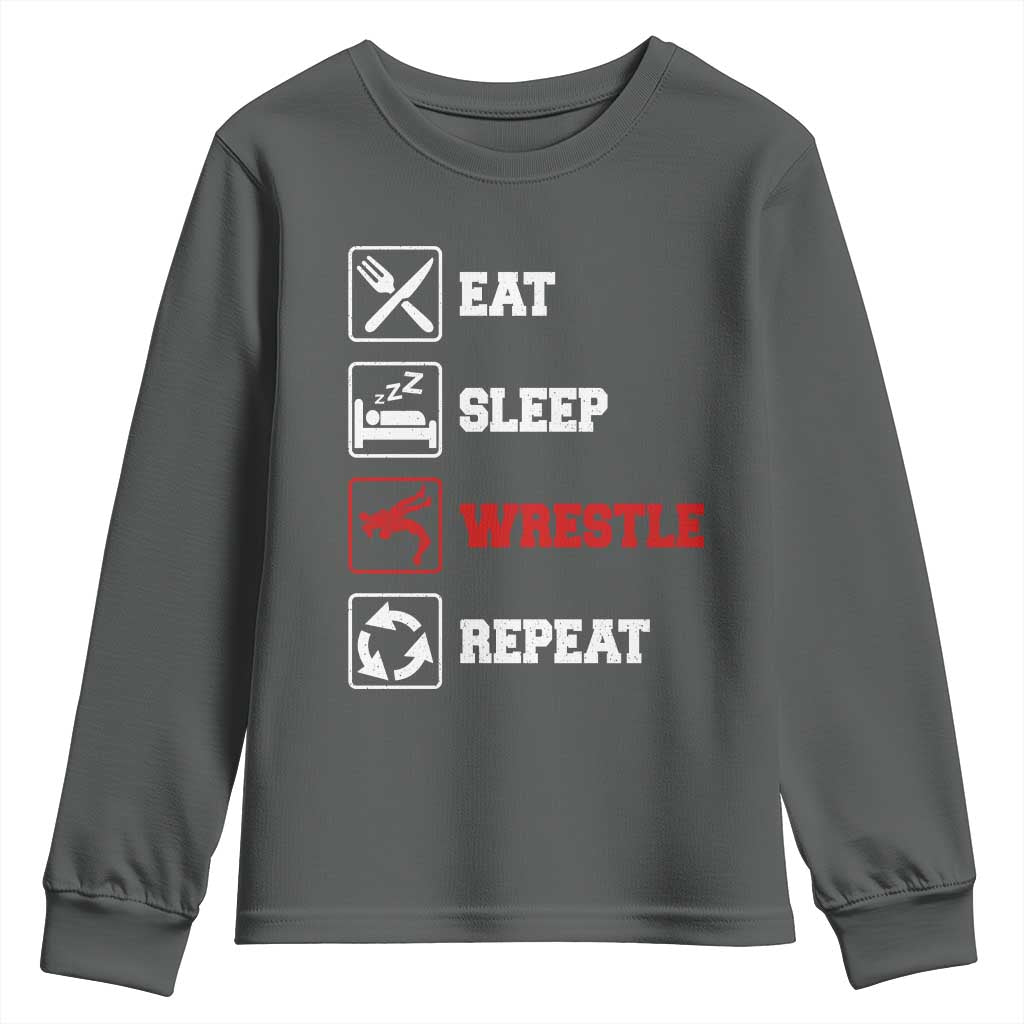 Eat Sleep Wrestle Repeat Youth Sweatshirt Funny Wrestling Gym TS10 Dark Heather Print Your Wear