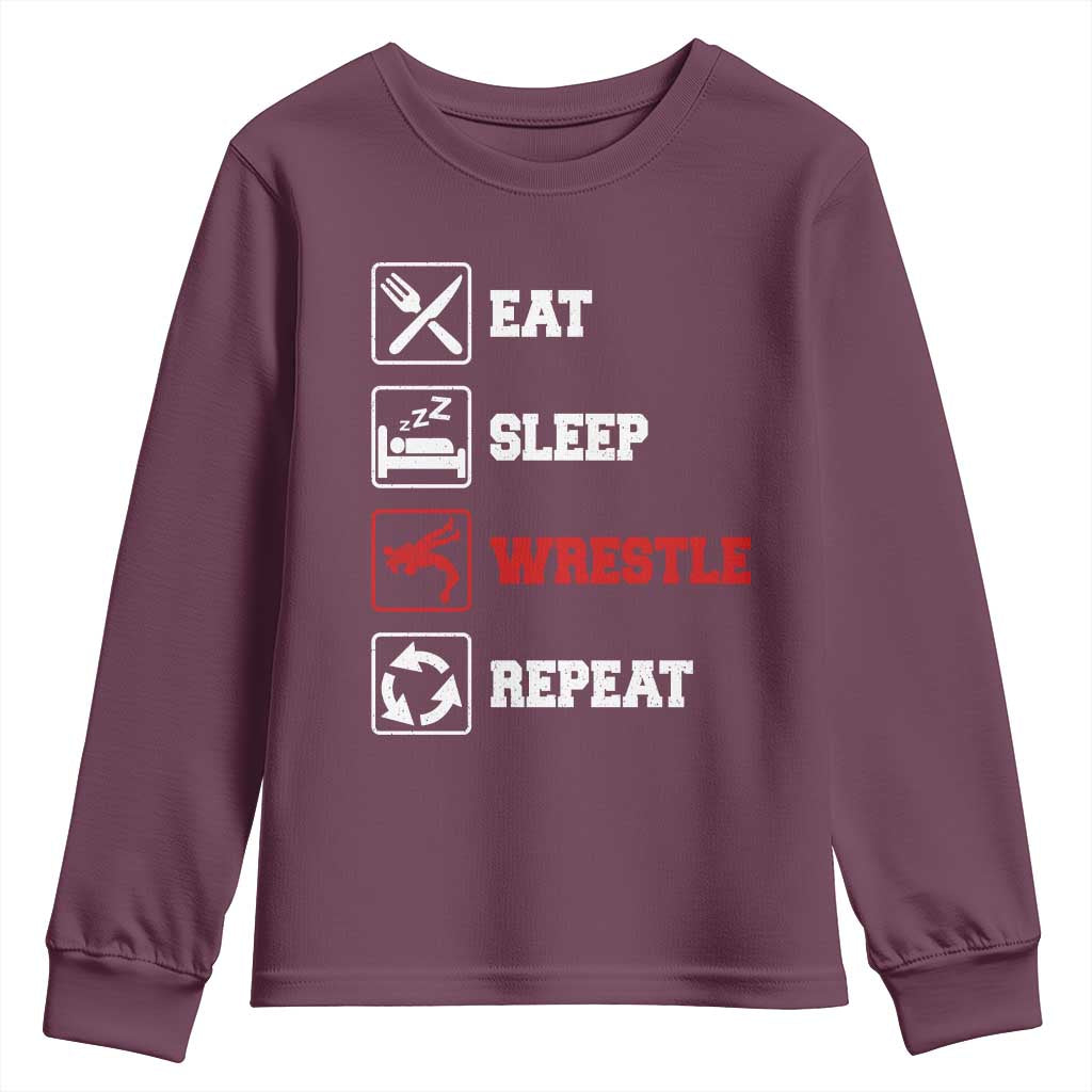 Eat Sleep Wrestle Repeat Youth Sweatshirt Funny Wrestling Gym TS10 Maroon Print Your Wear