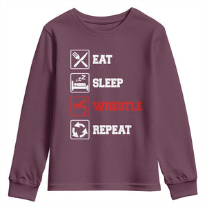 Eat Sleep Wrestle Repeat Youth Sweatshirt Funny Wrestling Gym TS10 Maroon Print Your Wear