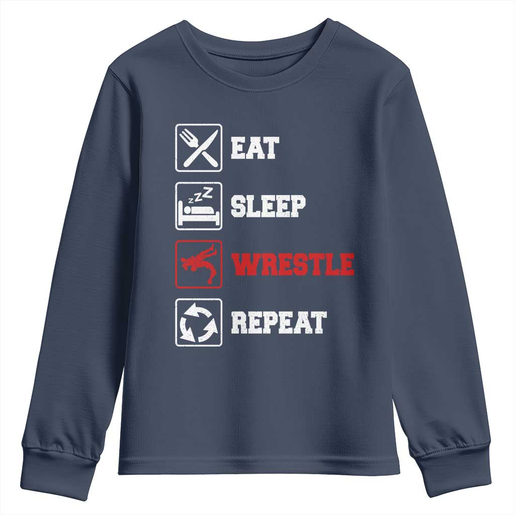 Eat Sleep Wrestle Repeat Youth Sweatshirt Funny Wrestling Gym TS10 Navy Print Your Wear