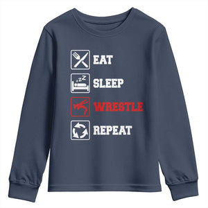 Eat Sleep Wrestle Repeat Youth Sweatshirt Funny Wrestling Gym TS10 Navy Print Your Wear