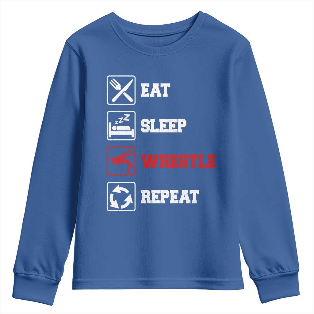 Eat Sleep Wrestle Repeat Youth Sweatshirt Funny Wrestling Gym TS10 Royal Blue Print Your Wear