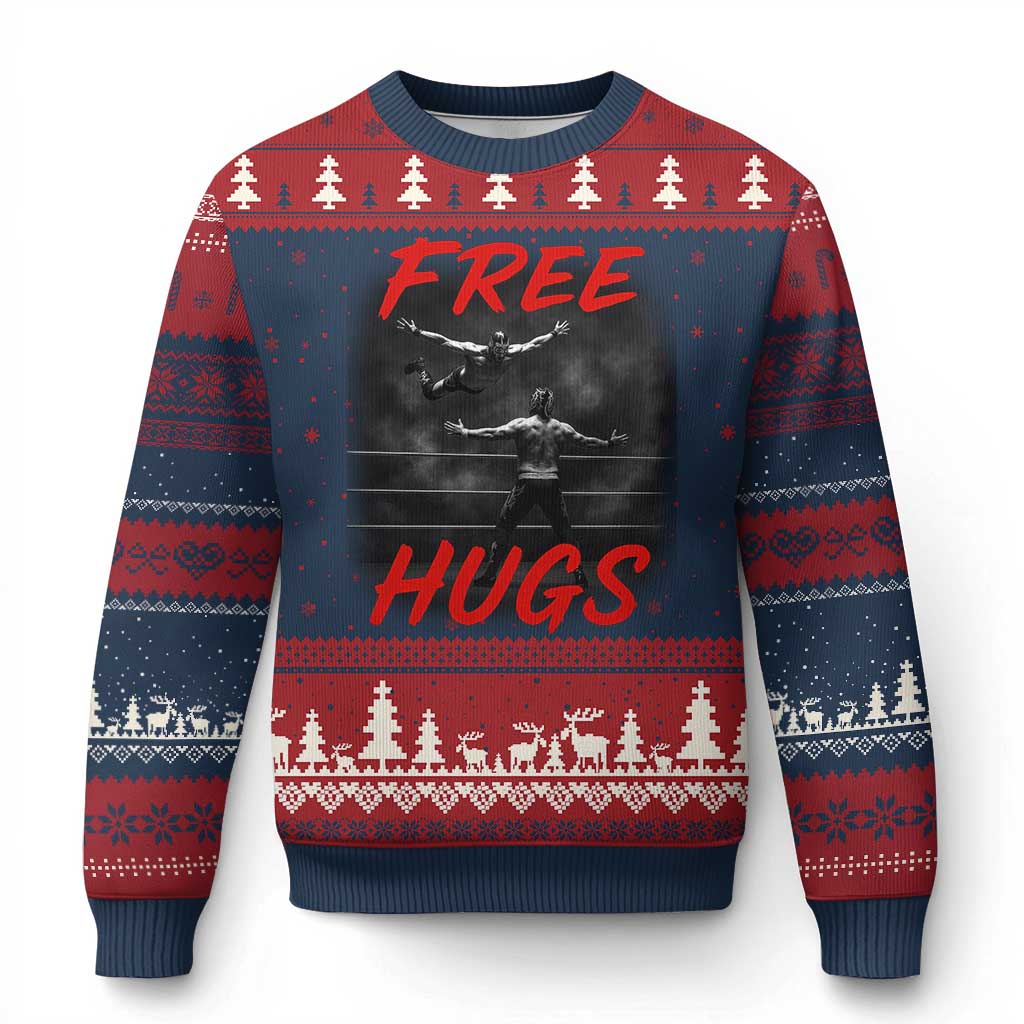Free Hugs Wrestling Ugly Christmas Sweater Funny Luchador Mexican Wrestler TS10 Navy Red Print Your Wear