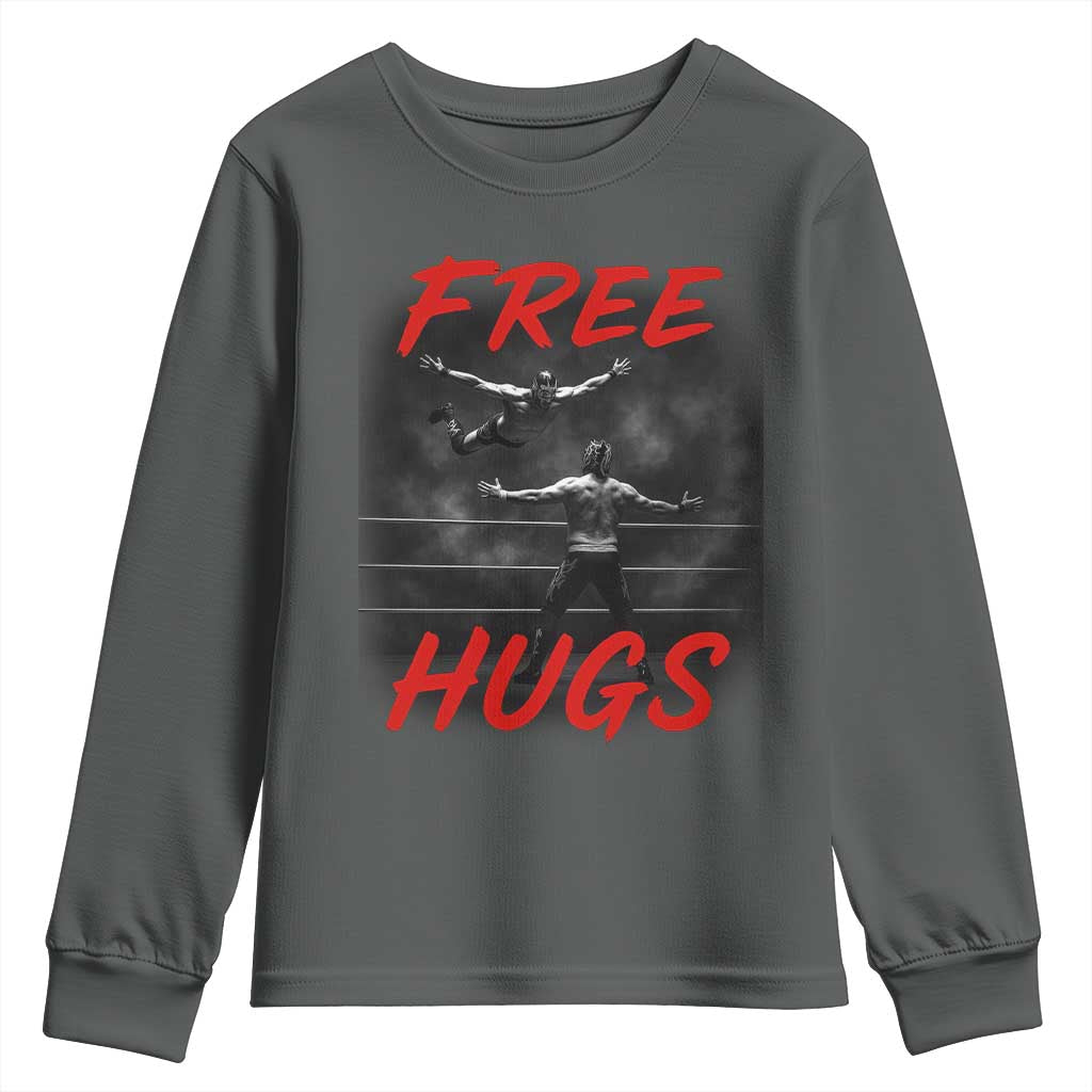 Free Hugs Wrestling Youth Sweatshirt Funny Luchador Mexican Wrestler TS10 Dark Heather Print Your Wear