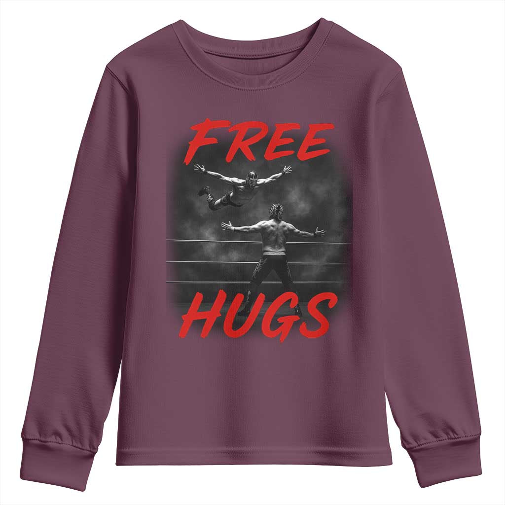 Free Hugs Wrestling Youth Sweatshirt Funny Luchador Mexican Wrestler TS10 Maroon Print Your Wear