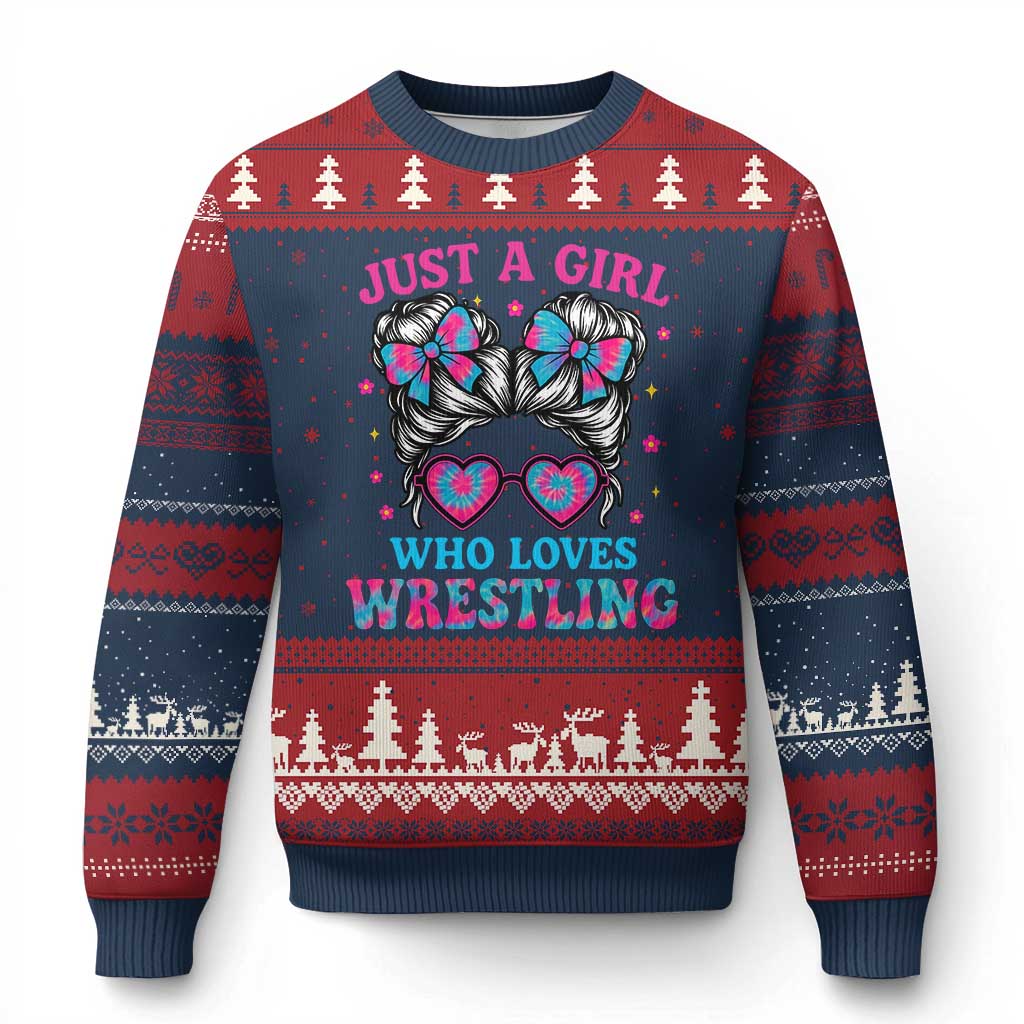 Just A Girl Who Loves Wrestling Ugly Christmas Sweater Funny Wrestle Lover Wrestler Messy Bun TS10 Navy Red Print Your Wear