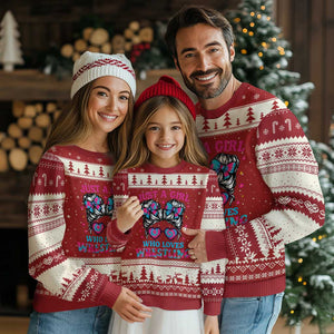Just A Girl Who Loves Wrestling Ugly Christmas Sweater Funny Wrestle Lover Wrestler Messy Bun TS10 Red Beige Print Your Wear