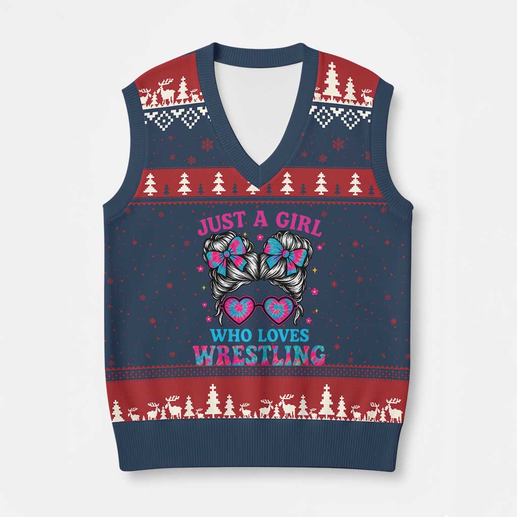 Just A Girl Who Loves Wrestling V-Neck Knit Sweater Vest Funny Wrestle Lover Wrestler Messy Bun TS10 Navy Red Print Your Wear