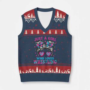 Just A Girl Who Loves Wrestling V-Neck Knit Sweater Vest Funny Wrestle Lover Wrestler Messy Bun TS10 Navy Red Print Your Wear