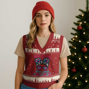 Just A Girl Who Loves Wrestling V-Neck Knit Sweater Vest Funny Wrestle Lover Wrestler Messy Bun TS10 Red Beige Print Your Wear