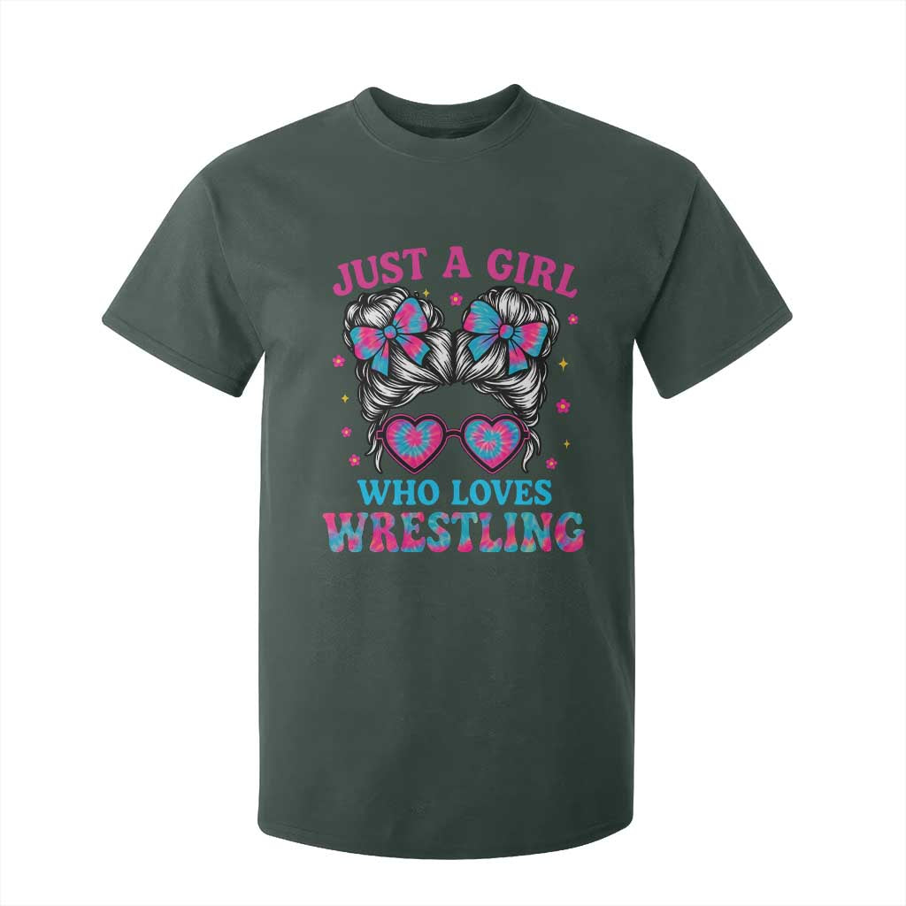 Just A Girl Who Loves Wrestling T Shirt For Kid Funny Wrestle Lover Wrestler Messy Bun TS10 Dark Forest Green Print Your Wear