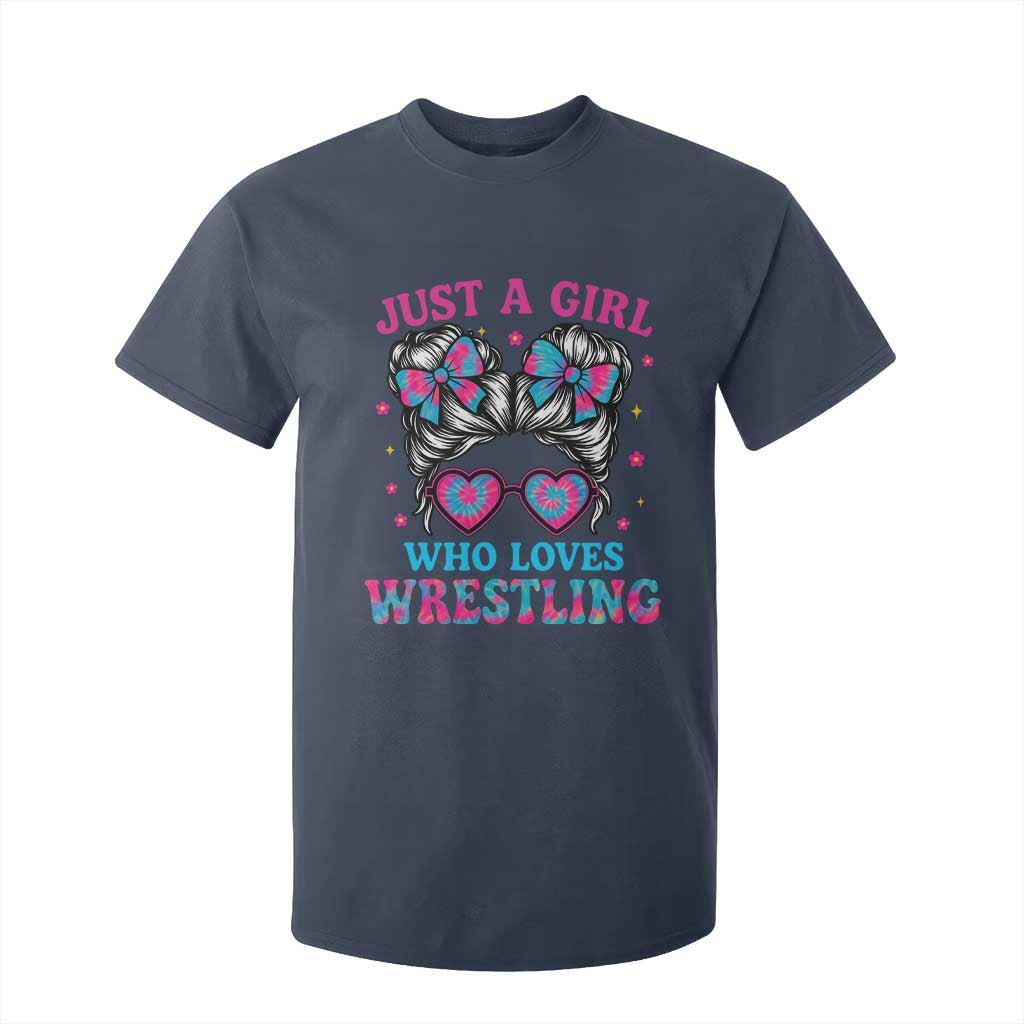 Just A Girl Who Loves Wrestling T Shirt For Kid Funny Wrestle Lover Wrestler Messy Bun TS10 Navy Print Your Wear