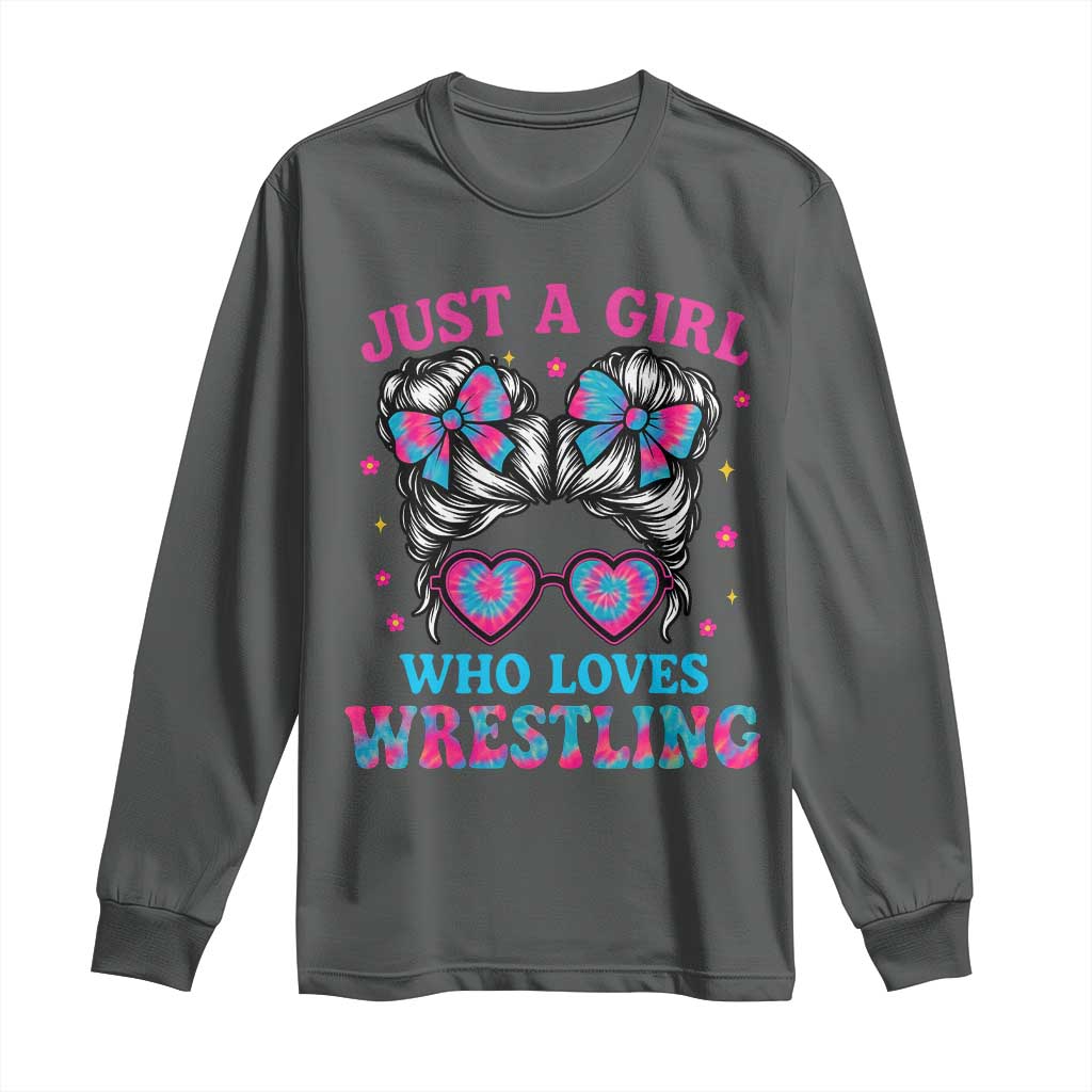 Just A Girl Who Loves Wrestling Long Sleeve Shirt Funny Wrestle Lover Wrestler Messy Bun TS10 Dark Heather Print Your Wear