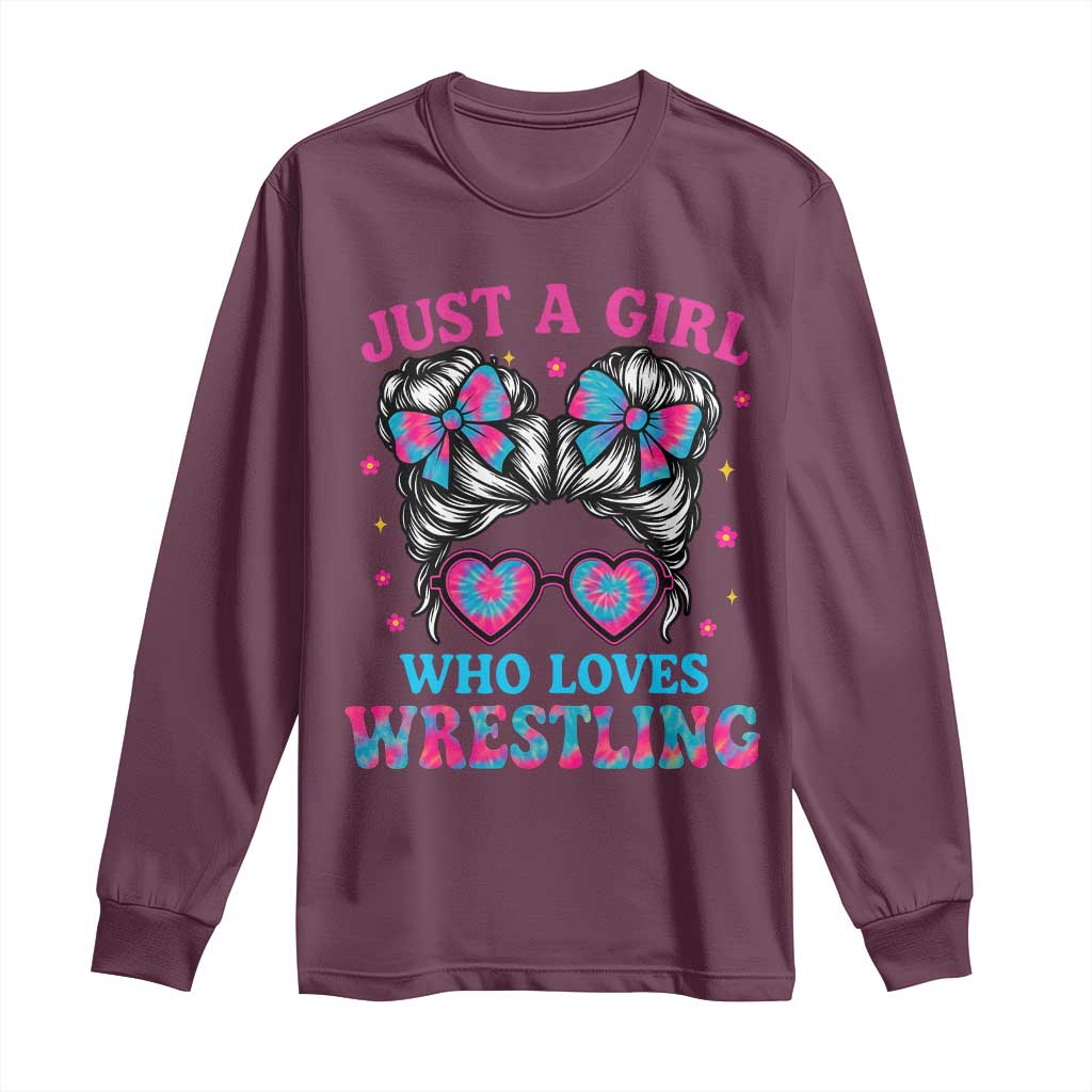Just A Girl Who Loves Wrestling Long Sleeve Shirt Funny Wrestle Lover Wrestler Messy Bun TS10 Maroon Print Your Wear