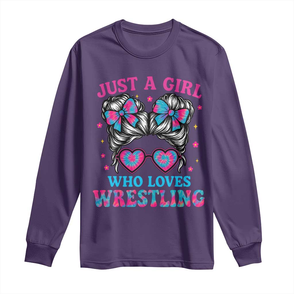 Just A Girl Who Loves Wrestling Long Sleeve Shirt Funny Wrestle Lover Wrestler Messy Bun TS10 Purple Print Your Wear