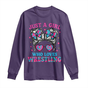 Just A Girl Who Loves Wrestling Long Sleeve Shirt Funny Wrestle Lover Wrestler Messy Bun TS10 Purple Print Your Wear