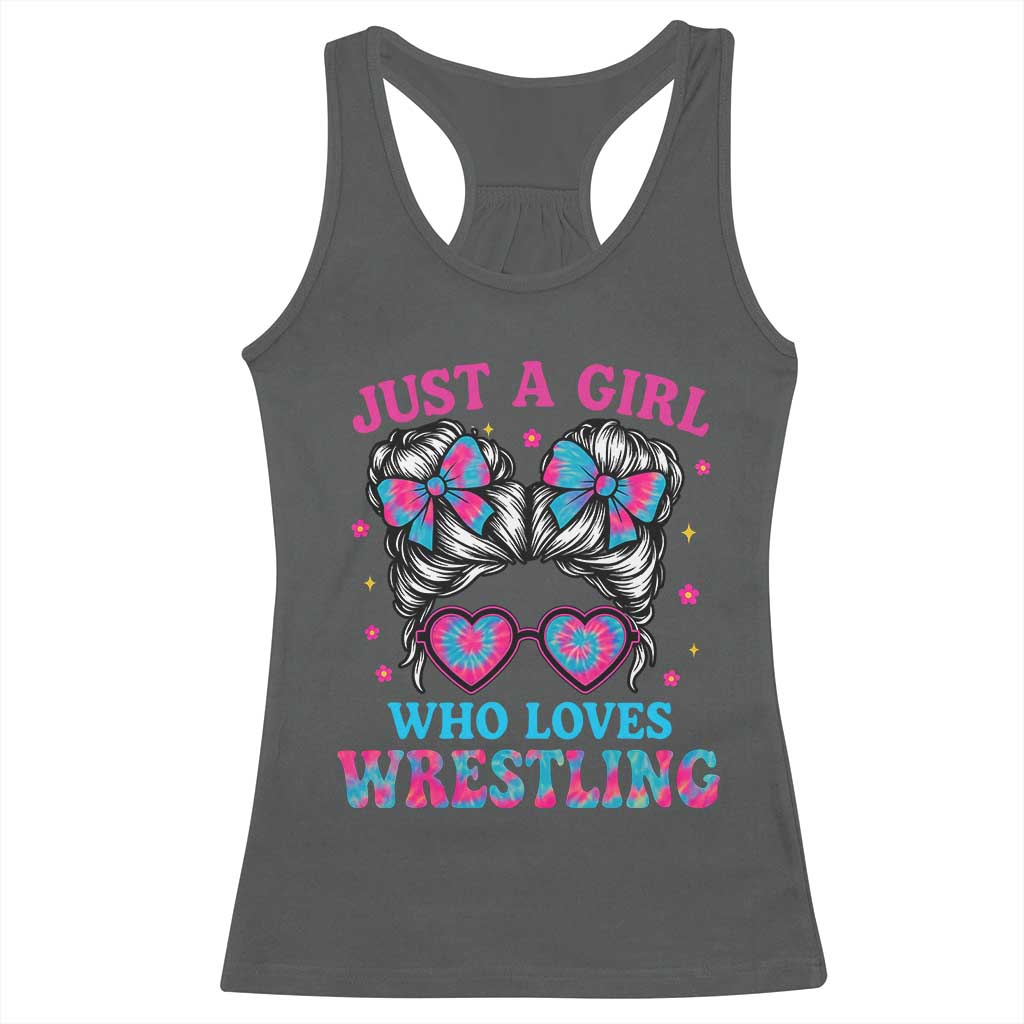 Just A Girl Who Loves Wrestling Racerback Tank Top Funny Wrestle Lover Wrestler Messy Bun TS10 Dark Heather Print Your Wear