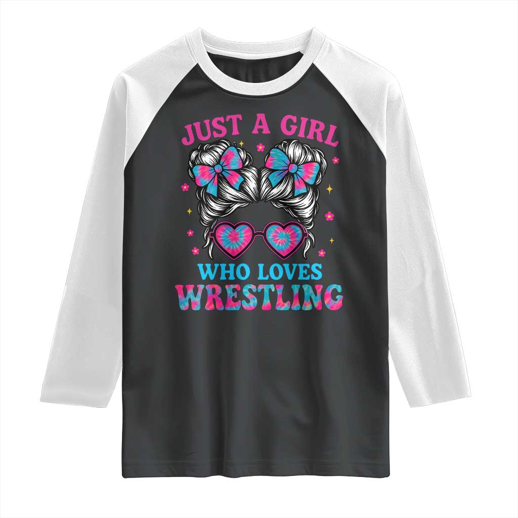 Just A Girl Who Loves Wrestling Raglan Shirt Funny Wrestle Lover Wrestler Messy Bun TS10 Black White Print Your Wear