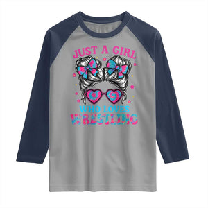 Just A Girl Who Loves Wrestling Raglan Shirt Funny Wrestle Lover Wrestler Messy Bun TS10 Sport Gray Navy Print Your Wear