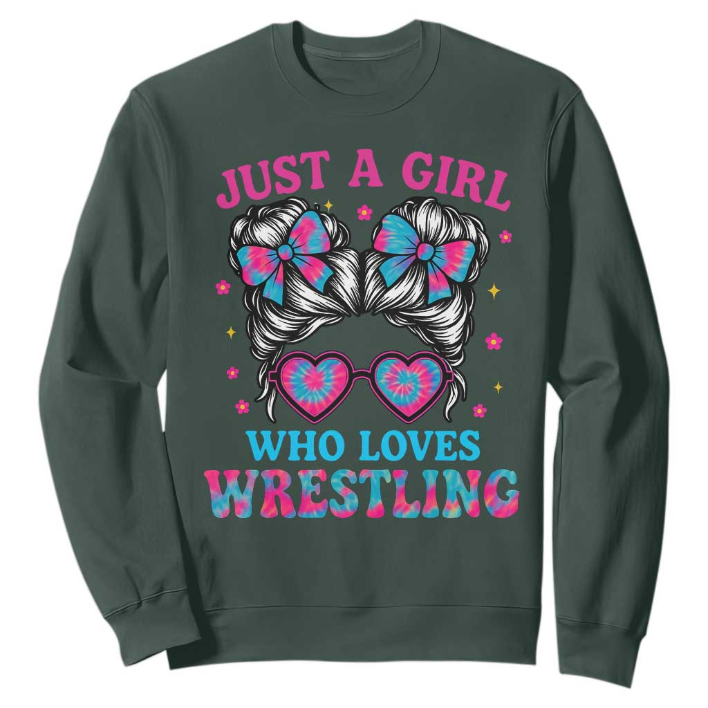 Just A Girl Who Loves Wrestling Sweatshirt Funny Wrestle Lover Wrestler Messy Bun TS10 Dark Forest Green Print Your Wear