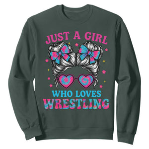 Just A Girl Who Loves Wrestling Sweatshirt Funny Wrestle Lover Wrestler Messy Bun TS10 Dark Forest Green Print Your Wear