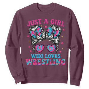 Just A Girl Who Loves Wrestling Sweatshirt Funny Wrestle Lover Wrestler Messy Bun TS10 Maroon Print Your Wear