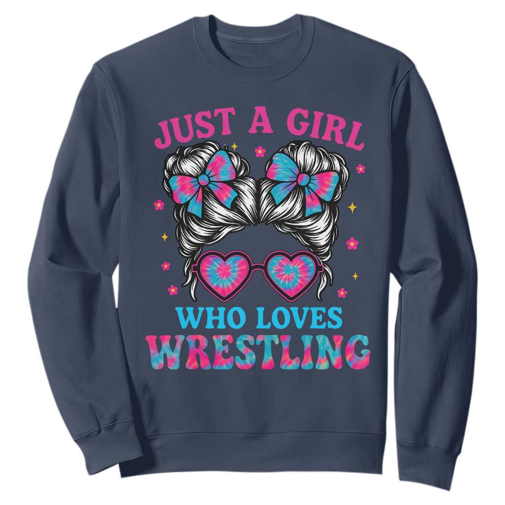 Just A Girl Who Loves Wrestling Sweatshirt Funny Wrestle Lover Wrestler Messy Bun TS10 Navy Print Your Wear