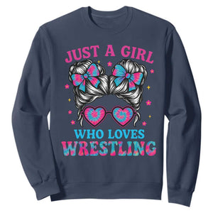 Just A Girl Who Loves Wrestling Sweatshirt Funny Wrestle Lover Wrestler Messy Bun TS10 Navy Print Your Wear