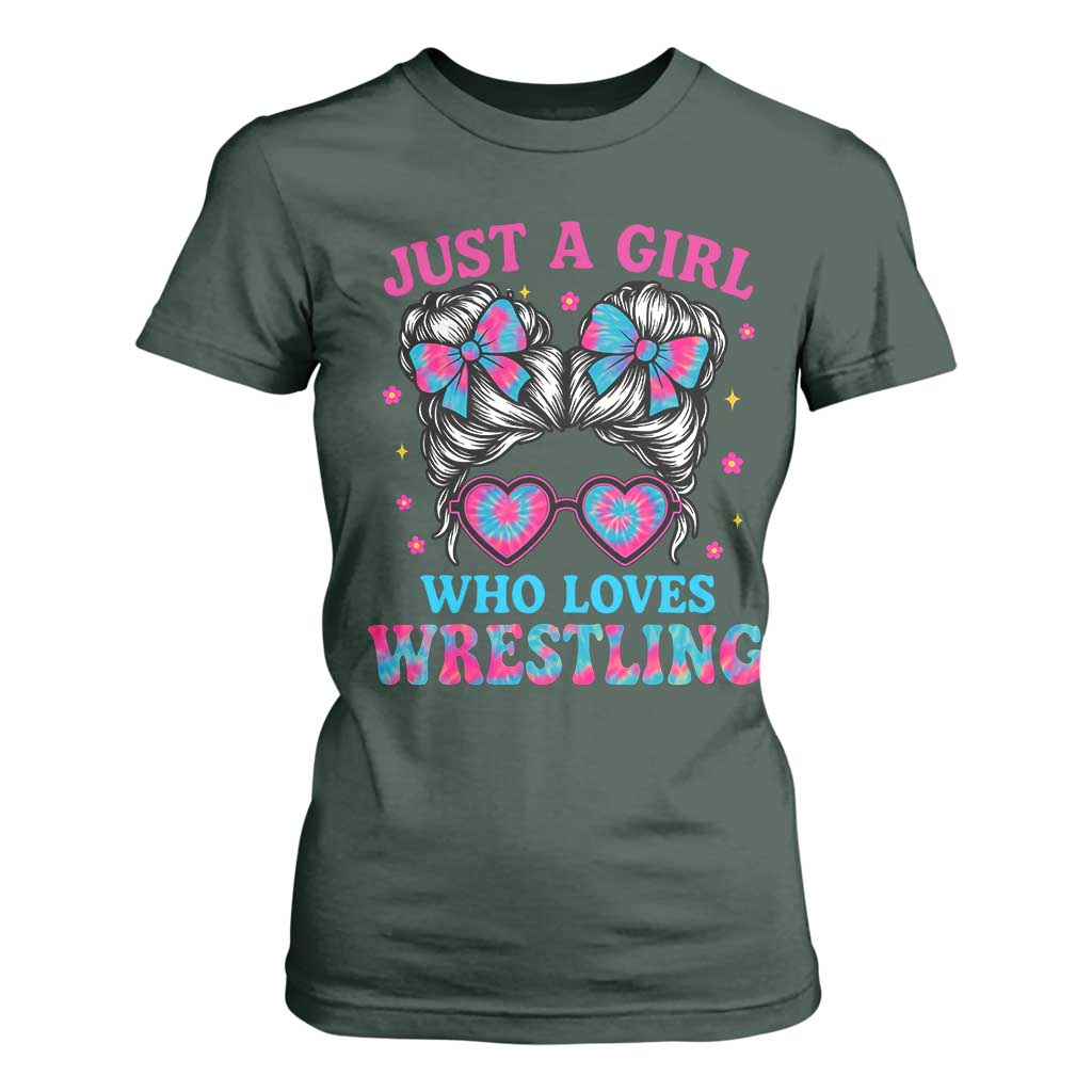 Just A Girl Who Loves Wrestling T Shirt For Women Funny Wrestle Lover Wrestler Messy Bun TS10 Dark Forest Green Print Your Wear