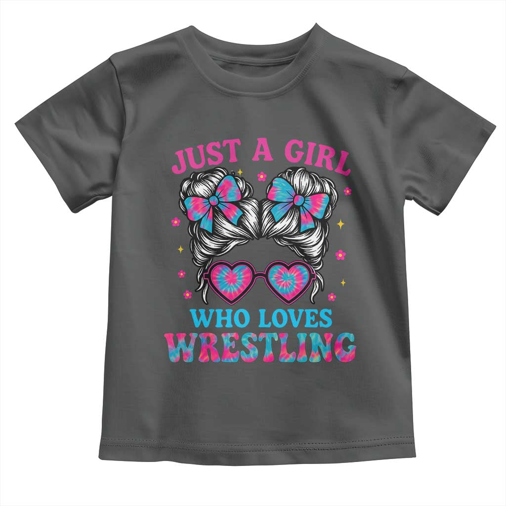 Just A Girl Who Loves Wrestling Toddler T Shirt Funny Wrestle Lover Wrestler Messy Bun TS10 Dark Heather Print Your Wear