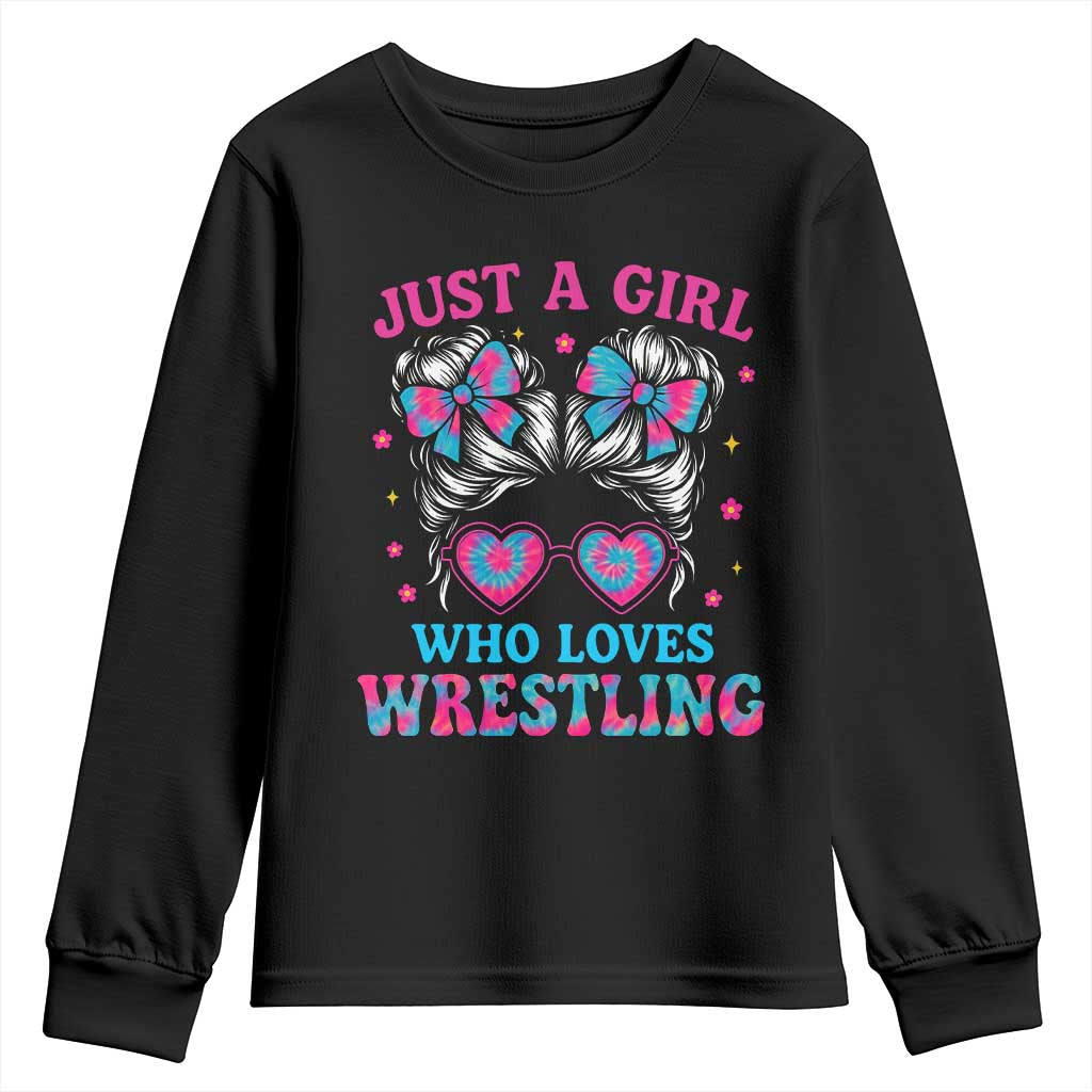 Just A Girl Who Loves Wrestling Youth Sweatshirt Funny Wrestle Lover Wrestler Messy Bun TS10 Black Print Your Wear