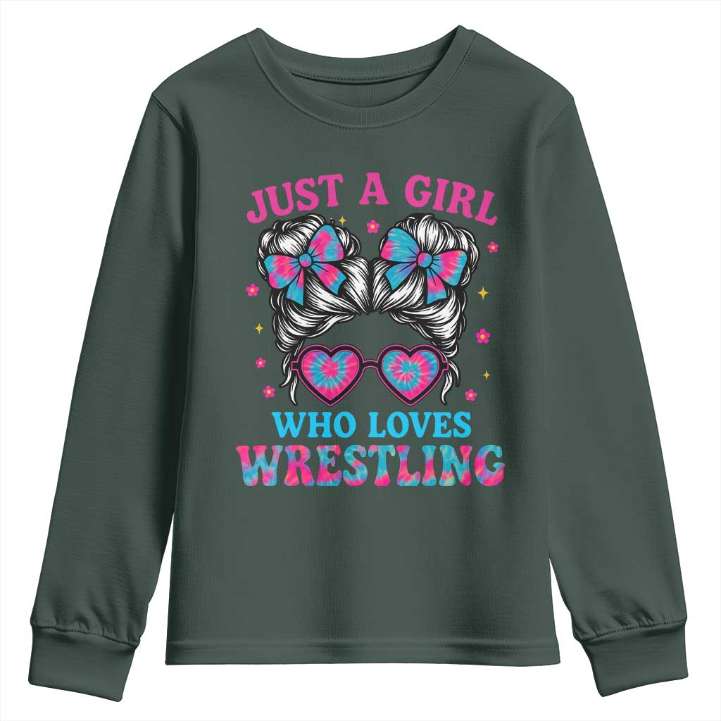 Just A Girl Who Loves Wrestling Youth Sweatshirt Funny Wrestle Lover Wrestler Messy Bun TS10 Dark Forest Green Print Your Wear