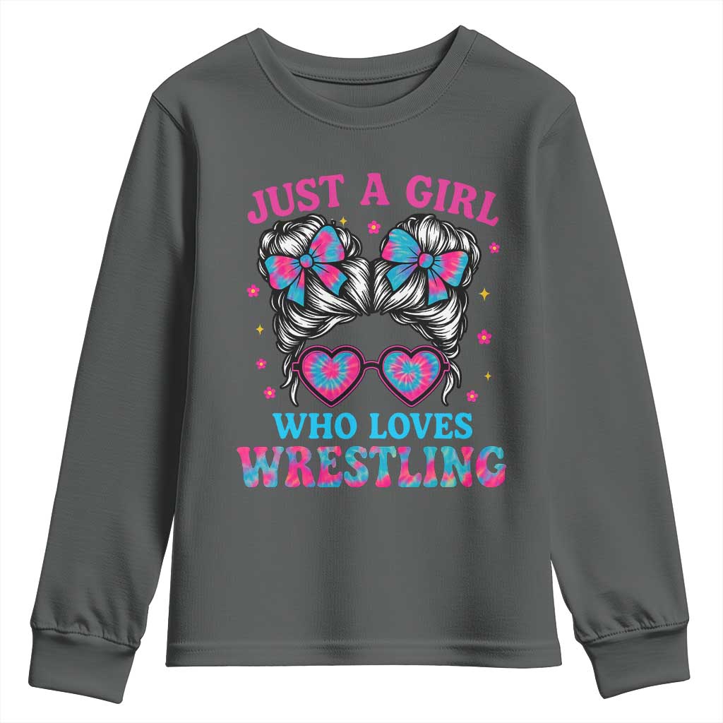 Just A Girl Who Loves Wrestling Youth Sweatshirt Funny Wrestle Lover Wrestler Messy Bun TS10 Dark Heather Print Your Wear