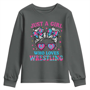 Just A Girl Who Loves Wrestling Youth Sweatshirt Funny Wrestle Lover Wrestler Messy Bun TS10 Dark Heather Print Your Wear